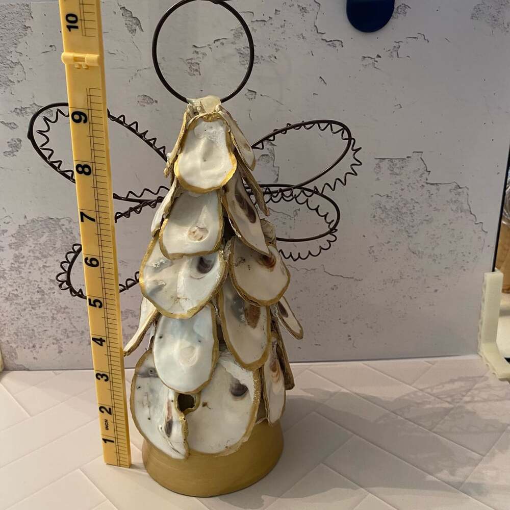 Handmade Oyster Shell Angel Figurine 9 Inch Gold Trim Wire Wings